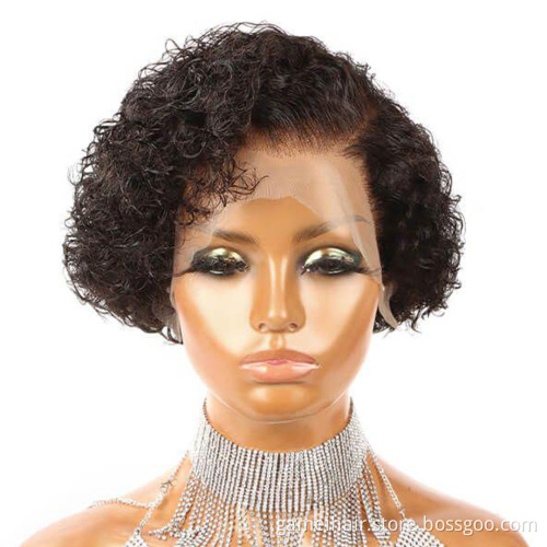 Short Pixie Cut Curly Human Hair Wigs For Women Deep Wave Frontal Wig Side Part Bob  13x1 T Part Transparent Lace Wigs
